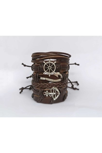 Sailor Combination Anchor Rudder Hook Figured Brown Genuine Leather Bracelet 6 Pieces