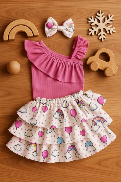 Baby Girl Single Shoulder Strap Ruffle Body Candy Patterned Shorts Skirt Bandana Set