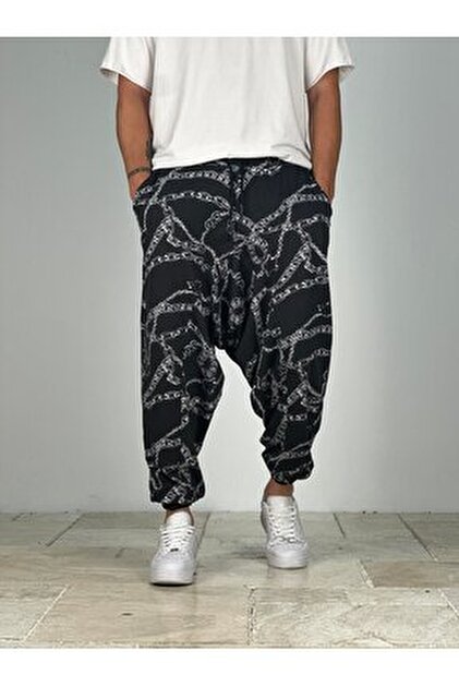 COCOPELLI Erkek Chinese Desenli Jakarlı Pileli Siyah Yarım Şalvar