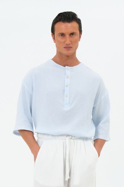 100% Cotton Natural Muslin Oversize Placket Collar Baby Blue Shirt Fakir Sleeve