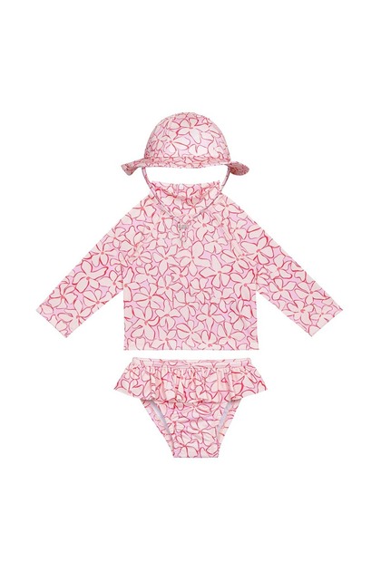 Uv Protected Long Sleeve Baby Girl Swimsuit Set with Hat