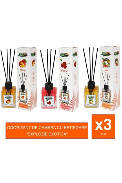 Odorizant de cameră cu bețișoare – 120 ml, Set de 3 arome (Mango, Exotix, Cireșe)