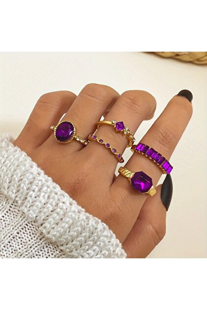 5 Pieces Gold Color Zircon Purple Stone Joint Ring Set Vip Enamel Multiple Combination Women's Ring Set-102