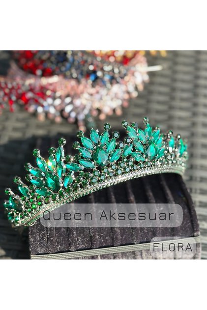 Flora Emerald Green Crystal Stone Luxury Design Engagement Bridal Tiara Metal Crown with Peaked Authentic Motif
