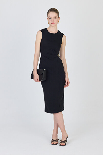 Rays Black Belt Detail Midi Dress 251636- Trendyol