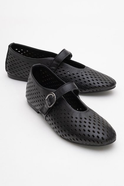 Ari̇an Black Skin Genuine Leather Perforated Women's Ballerina Shoes