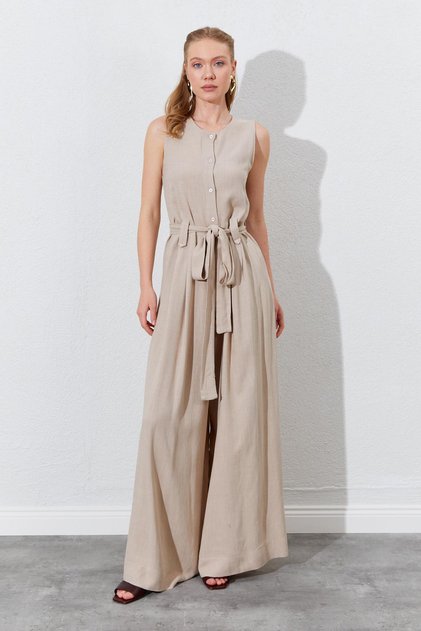 Women's Dark Beige Sleeveless Belted Double Leg Jumpsuit