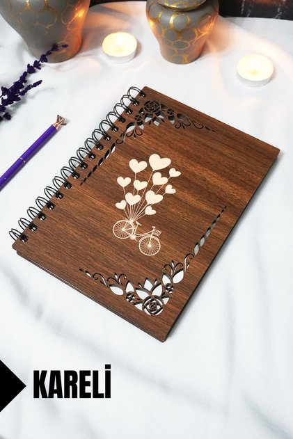 Bicycle Balloon Notebook with Wooden Cover - Checkered Notebook - 60 Sheets (120 Pages) - A5 15X21 cm