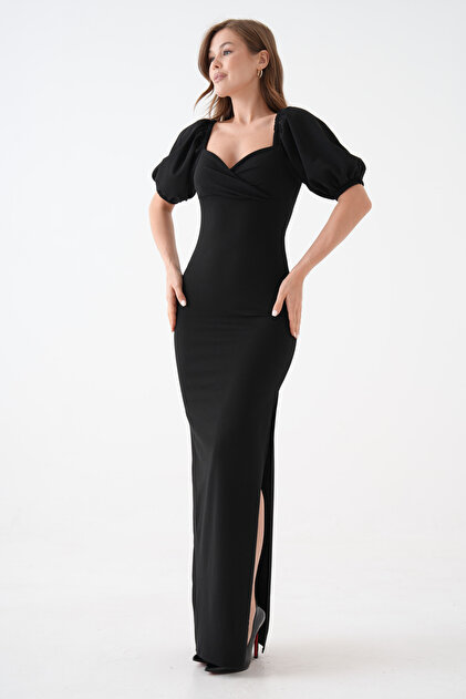 Women's Black Crepe Fabric Puff Sleeve Heart Collar Slit Detailed Maxi Dress 582853