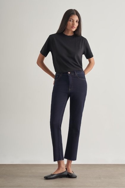 Kesikli Mom Fit Denim Lacivert Pantolon