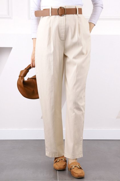 Beige Waist Belted Linen Trousers