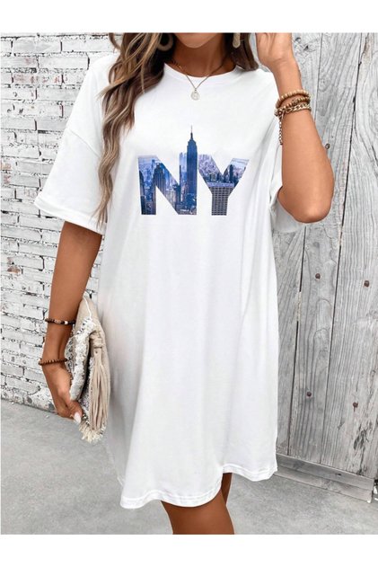 Women's Ny Custom Printed Colorful Long Basic Dress Oversize T-Shirt