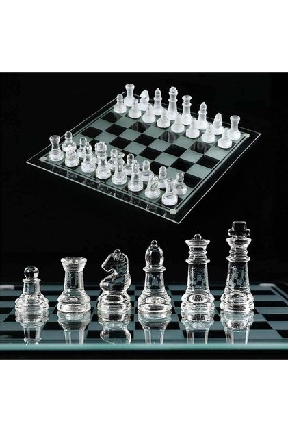 Cam Satranç Takımı Şeffaf ve Buzlu Taşlı Lüks Masaüstü Dekoratif Strateji Oyunu Hediyelik Set 20 Cm