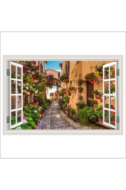 Fototapet Fereastra Strada pietruita, flori, oras medieval, 135 x 90 cm