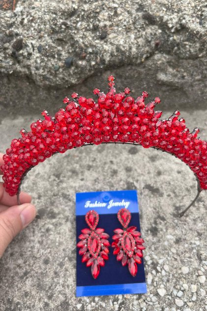 Alyce Red Bridal Henna Crown Special Occasion Accessory Women's Crown and Thin Shuttle Earring Set