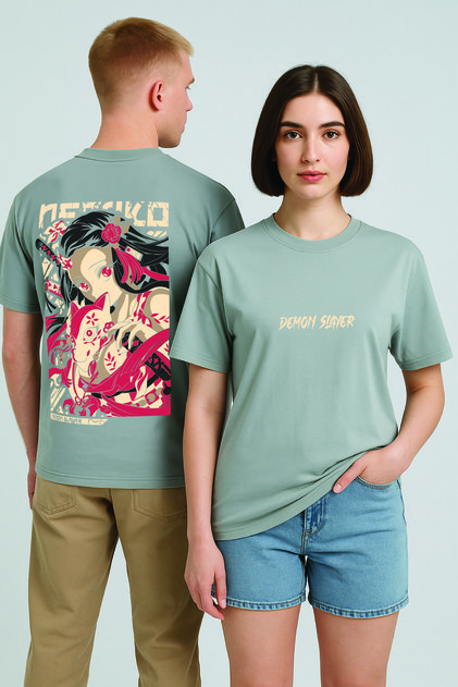 Lenithra Demon Slayer Nezuko Kamado Anime Back Printed Unisex Oversize Gray T-Shirt