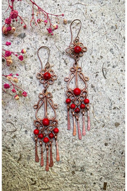 Coral Handmade Copper Wire Wrap Earrings