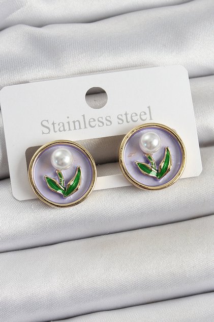 Brass Purple Enamel Tulip Figured Artistic Portrait Model Gold Color Women's Earrings