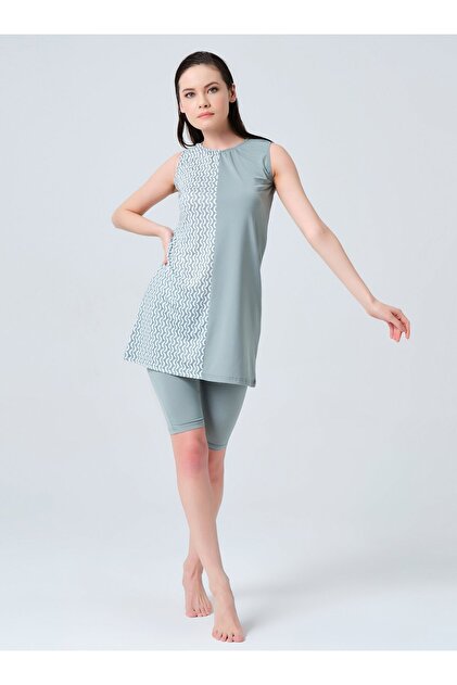 One Side Patterned Zero Sleeve Semi Closed Swimsuit - Mildew Green - Alfasa
