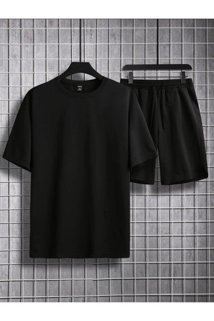 Unisex Black Plain Unprinted Bottom Top Shorts T-shirt Set