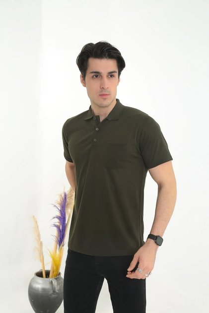 Dad Large Size Solid Color T-Shirt Polo Neck with Pockets