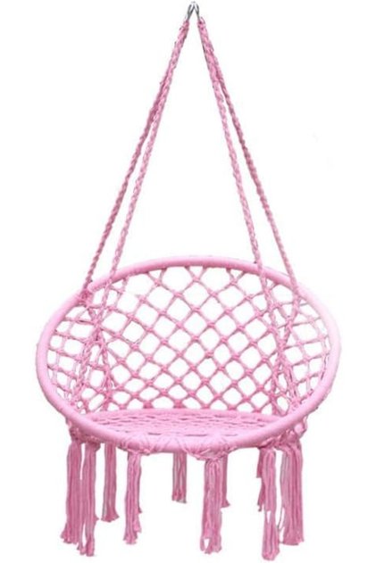 Hammock Chair, Hanging Swing with Macrame and Cushion, Max 330 Lbs, Beige Hanging Cotton Rope Chair