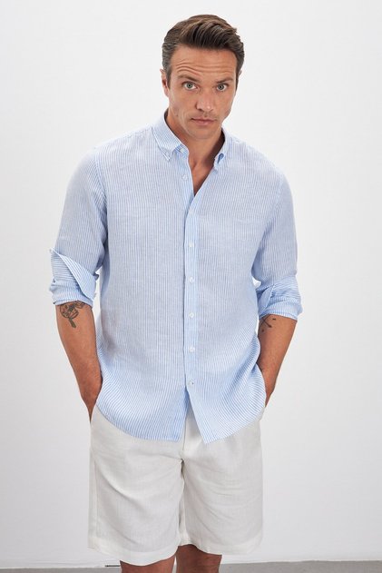 Lapel Button Striped Comfort Fit 100% Linen Men's Shirt