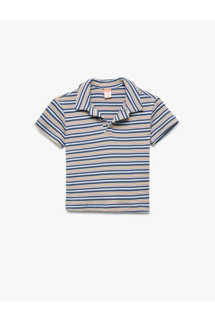 Striped Short Sleeve Cotton Polo Neck T-Shirt