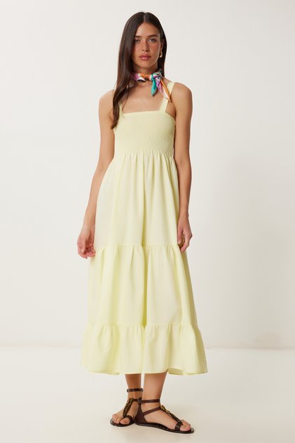Women's Yellow Strap Flounced Summer Dress Zv00330