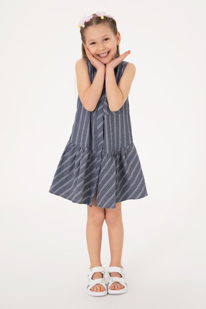 Rochie pentru fete, albastru bleumarin, cu guler polo, fără mâneci, cu dungi 50306587-VR033