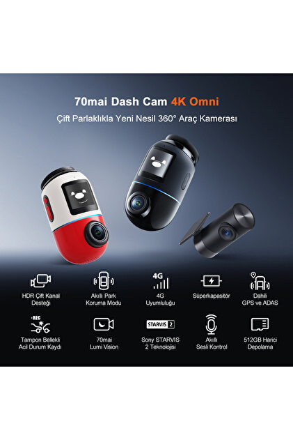 70MAİ 70mai Dash Cam Omni X800-2 4K Araç Kamerası, ve Arka Kamera