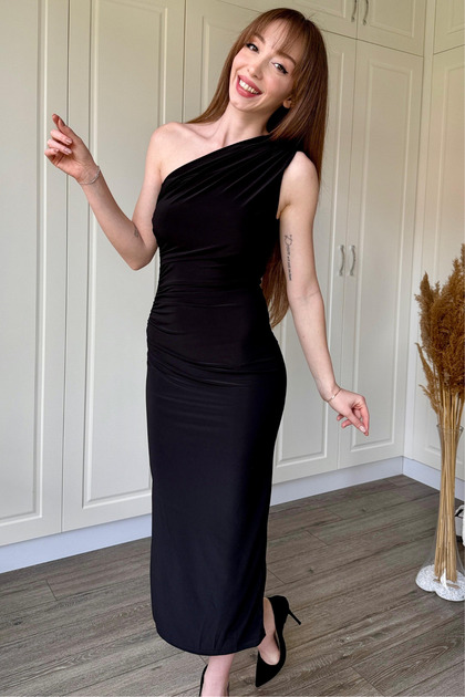 Draped One Shoulder Black Midi Dress