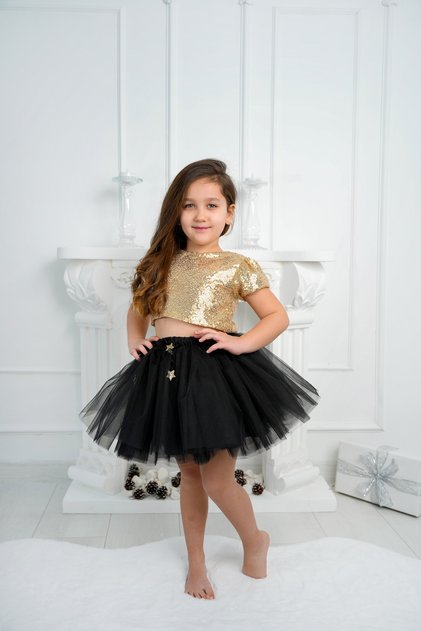 Glitter Sequin Crop and Fluffy Tutu Skirt Double Set