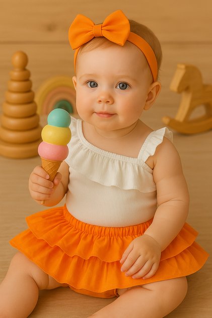 Baby Girl Single Shoulder Strap Ruffle Body Orange Shorts Skirt Bandana Set