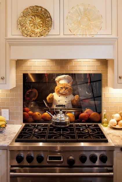 Stove Back Glass Protector, Countertop Built-In Back Protector, Heat Resistant, Yellow Cat Decorative Glass