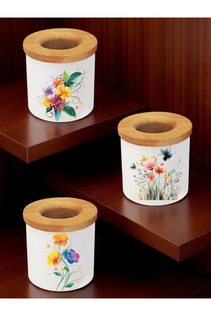 Flower Printed 3-Piece Wooden Ceramic Desktop Pen Holder Pen Box Office Gift