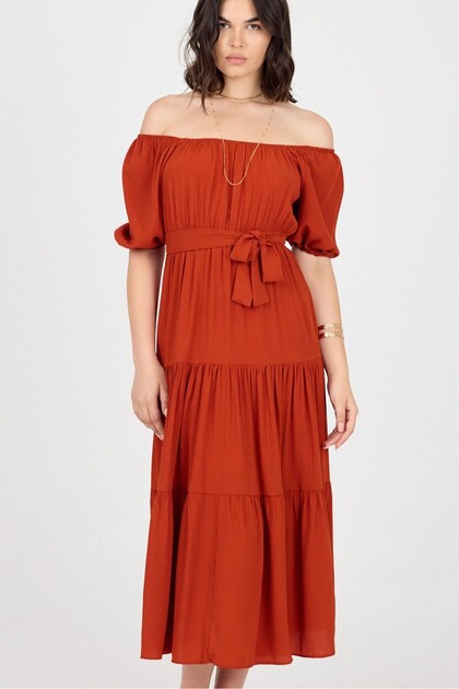 Midi Length Dress with Elastic Shoulders and Waist
