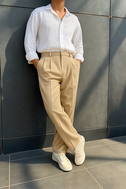 Men's Beige Color Pleated Lycra Comfortable Fit Baggy Fabric Trousers