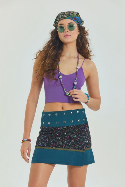 Patchwork Wrap Mini Skirt with Snap Closure