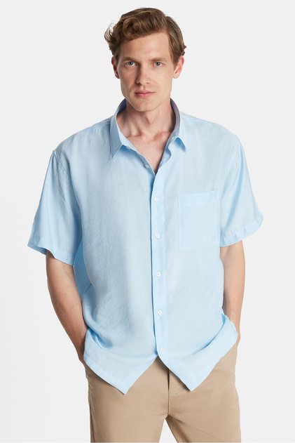 Men's Relax Fit Comfortable Modal Fabric Single Pocket Short Sleeve Blue Shirt