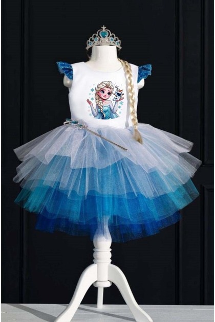 Taç & Asa & Saç Hediyeli Frozen Elsa Olaf Temalı Frozen Doğum Günü Elbisesi & Parti Kostümü