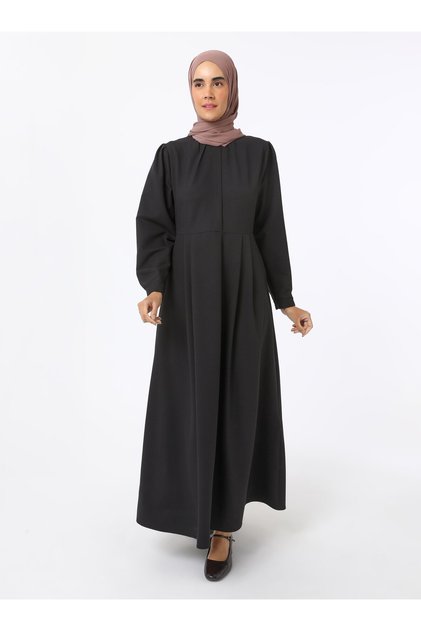 Pile Detailed Crepe Fabric Hijab Dress - Black - Refka