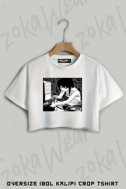 Serial Experiments Lain Cyberpunk Aesthetic Programmer Girl Printed Oversize Crop T-Shirt