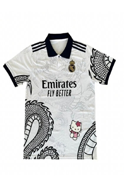 Beyaz Unisex Kitty Madrid Dragon Jersey Siyah Düğmeli Yaka T-shirt -Minga London
