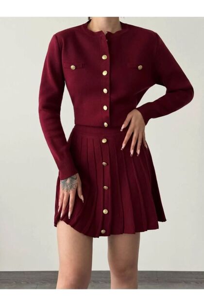Women's Button Detailed Cardigan Mini Skirt Knitwear Set