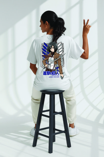 Lenithra Attack on Titan Mikasa Anime Back Printed Unisex Oversize White T-Shirt