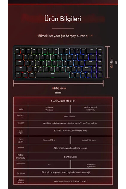 Coverzone Ajazz AK680 Max HE Kablolu Manyetik Switch Klavye-8000Hz