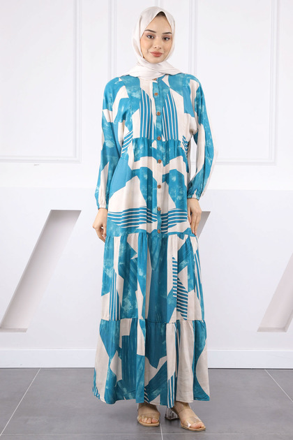 Petrol Green Half Button Skirt Layered Dress