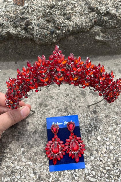 Aldonsa Red Bridal Henna Crown Special Occasion Accessory Women's Crown and Wide Shuttle Earrings Set
