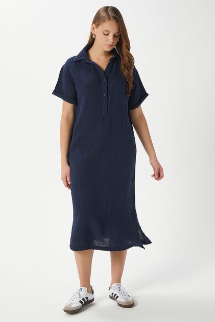 Women's Eva 100% Cotton Muslin Polo Neck Slit Navy Blue Midi Dress